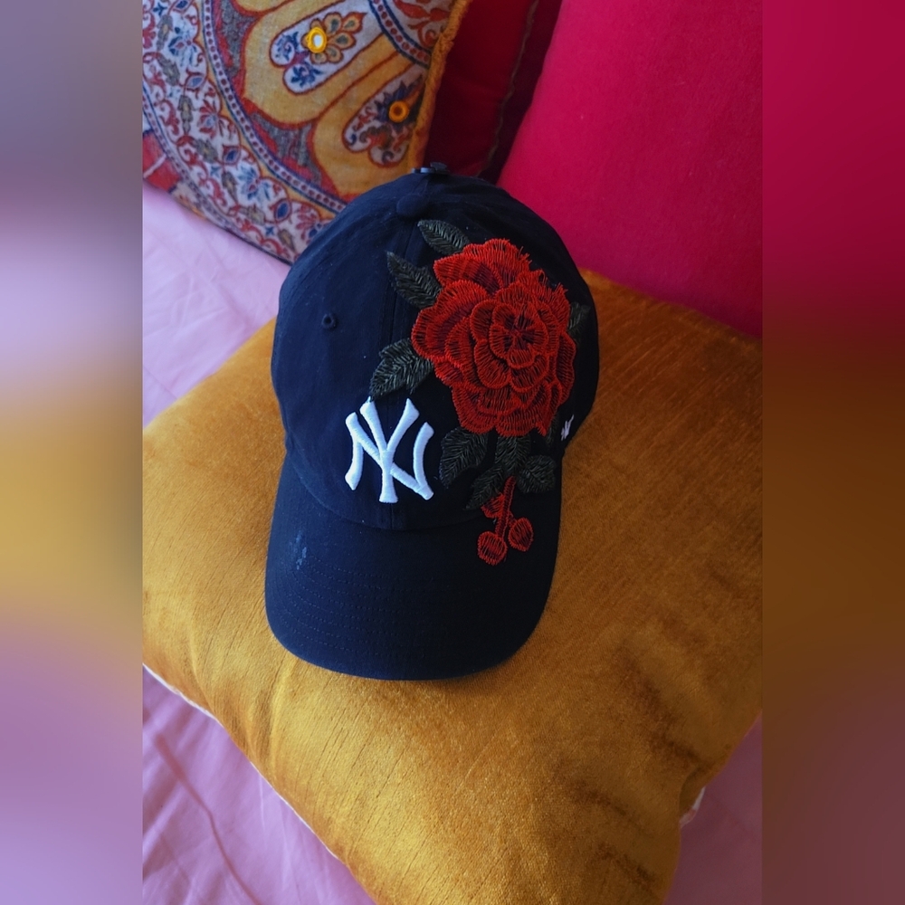 Embroidered Black NY Cap with Red Floral Design